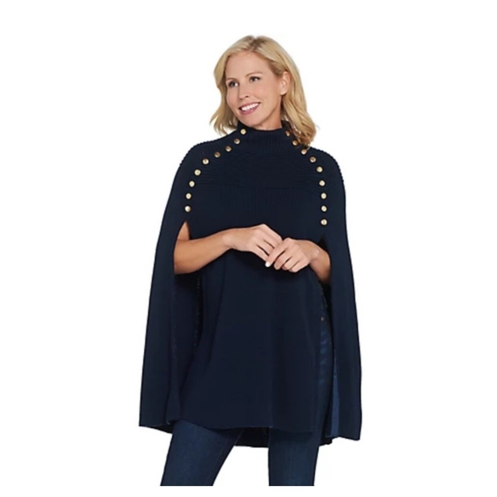 G.I.L.I. XL/1X shawl Poncho Navy Blue Gili Gold Buttons NWOT Gili Sweater Knit